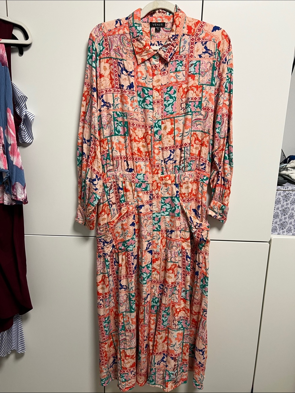 VENUS Linen Pink Patchwork Print Long-Sleeve Maxi Shirt Dress - Picture 6 of 17